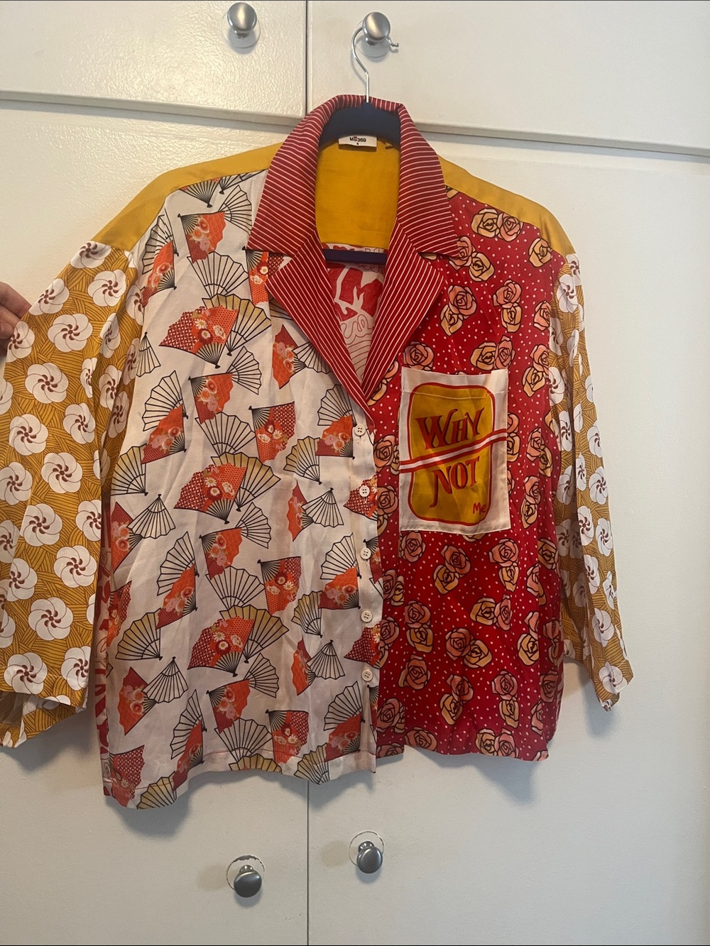 Me369 Mixed-Print Button-Up Shirt in Red and Mustard sz S “Why Not Me?”